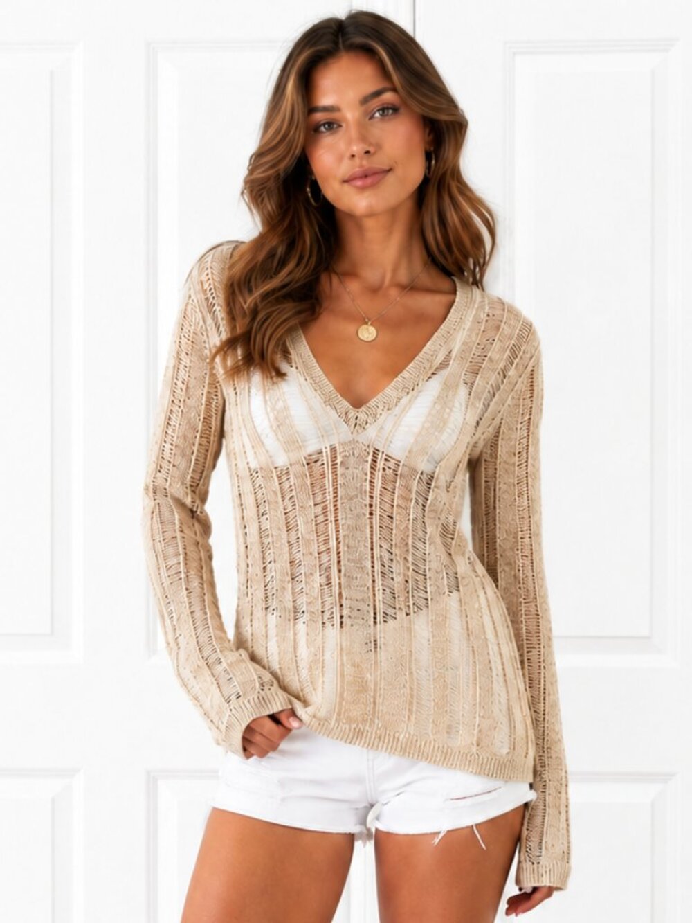 NWT Michael Kors Open Knit V-Neck Beige Sweatert